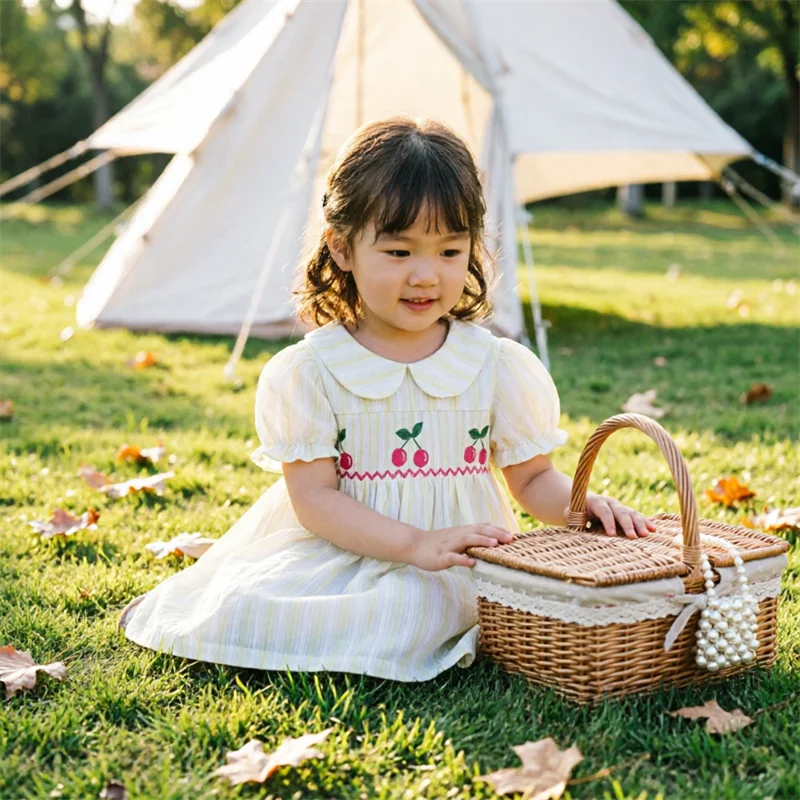 Spanish Style Girls Summer Dress Doll Collar Short Sleeve Cute Cherry Embroidery Smocked Dress Princess Party Casual Dresses