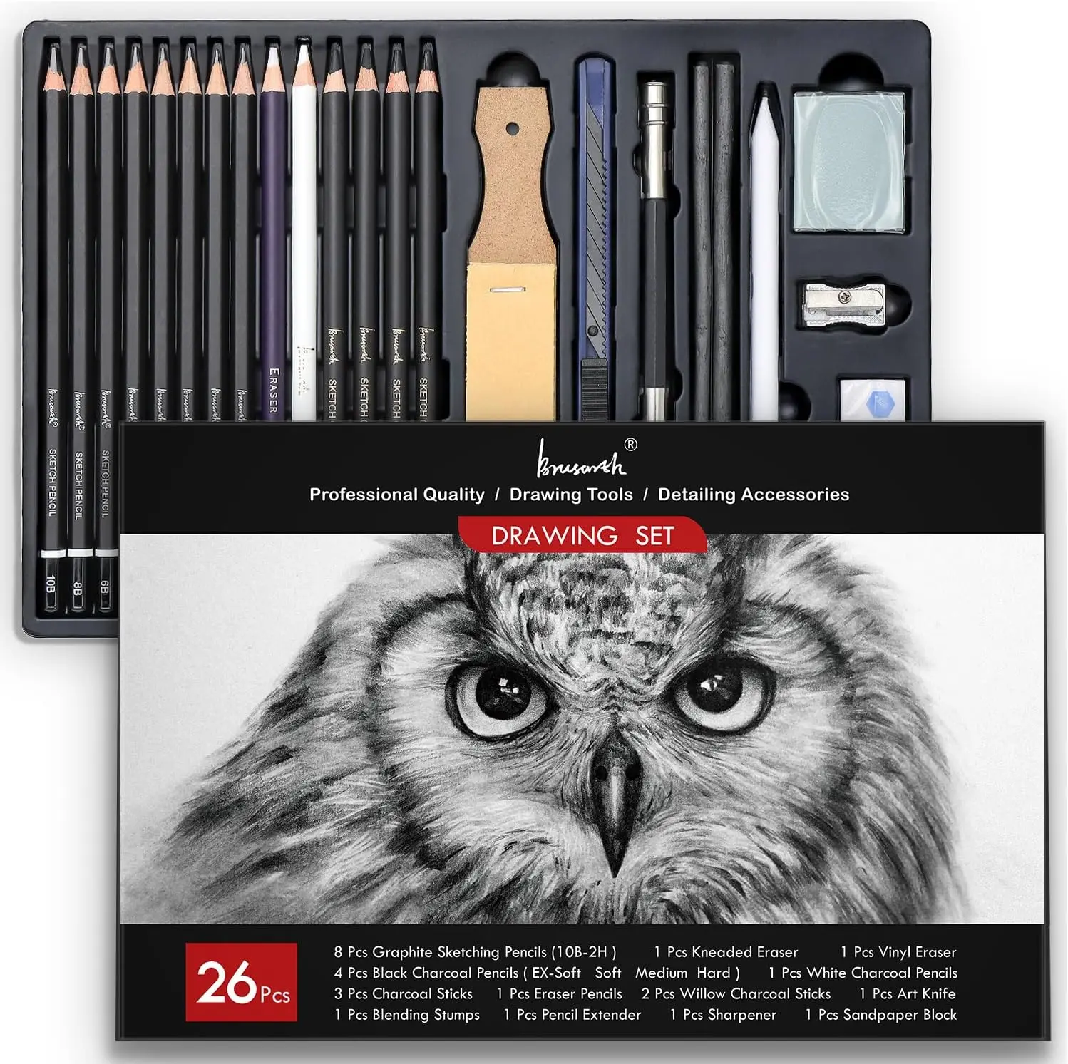 Charcoal Pencils for Drawing, 26-Piece Professional Sketch Set for Shading & Blending, Art Supplies for Beginners & Artists
