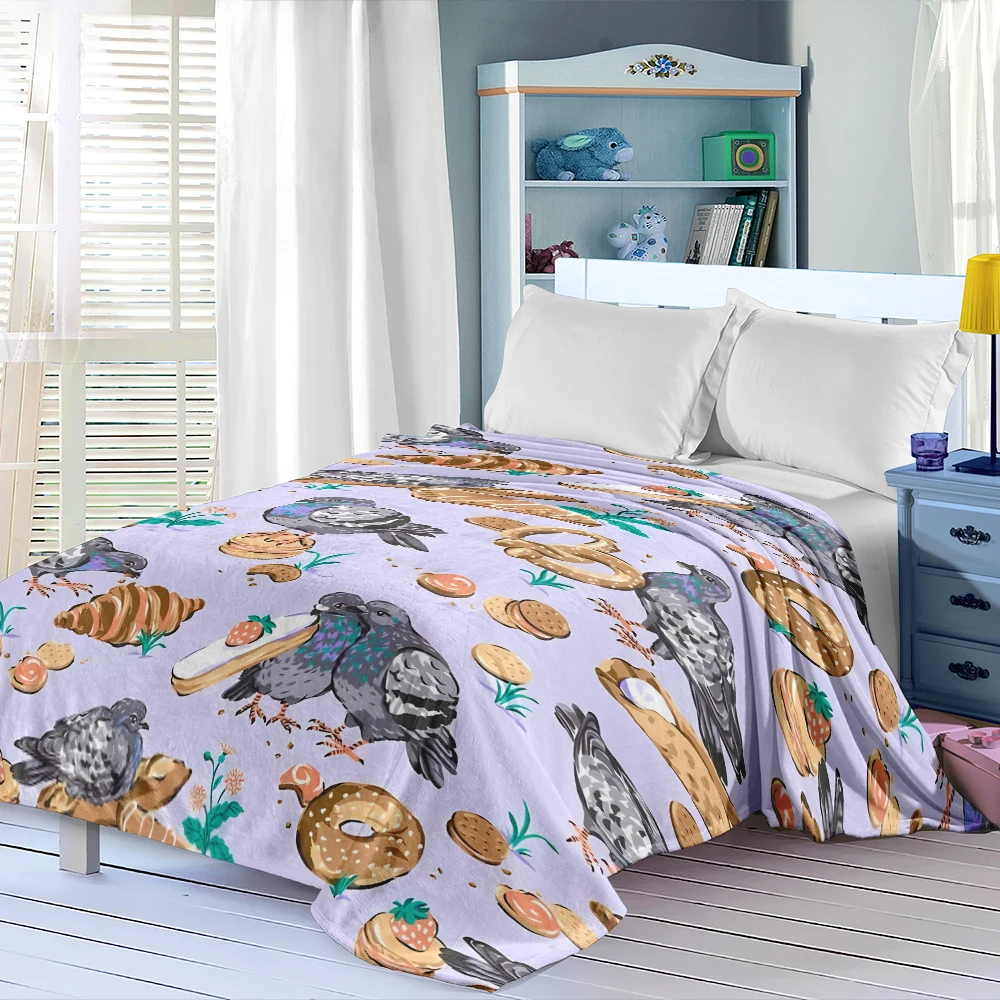 Lilac Pigeons Pastries Flannel Blanket Perfect For Sofa Office Bed Travel Sleep Read Relax Camping Four Season Use