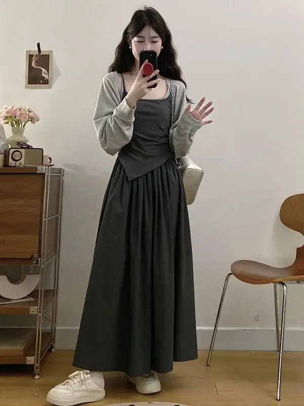 플러스 사이즈 봄 여름 한국 스타일 매칭 세트 오픈 카디건 탑과 스트랩 드레스 투피스 세트 하이웨이스트 A라인 스커트