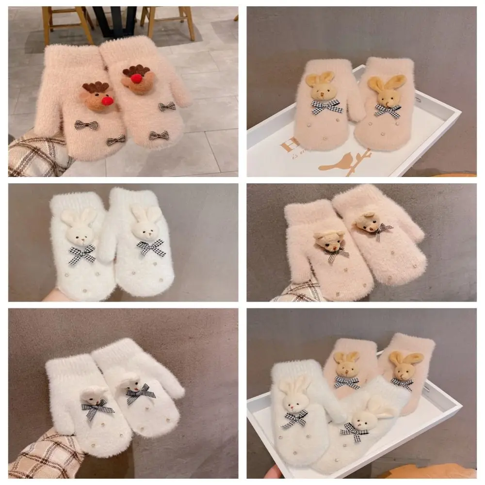 

Full Finger Mittens Bow Plush Gloves Japanese Soft Thicken Student Knitted Gloves Rabbit Bear Cute Gloves Riding