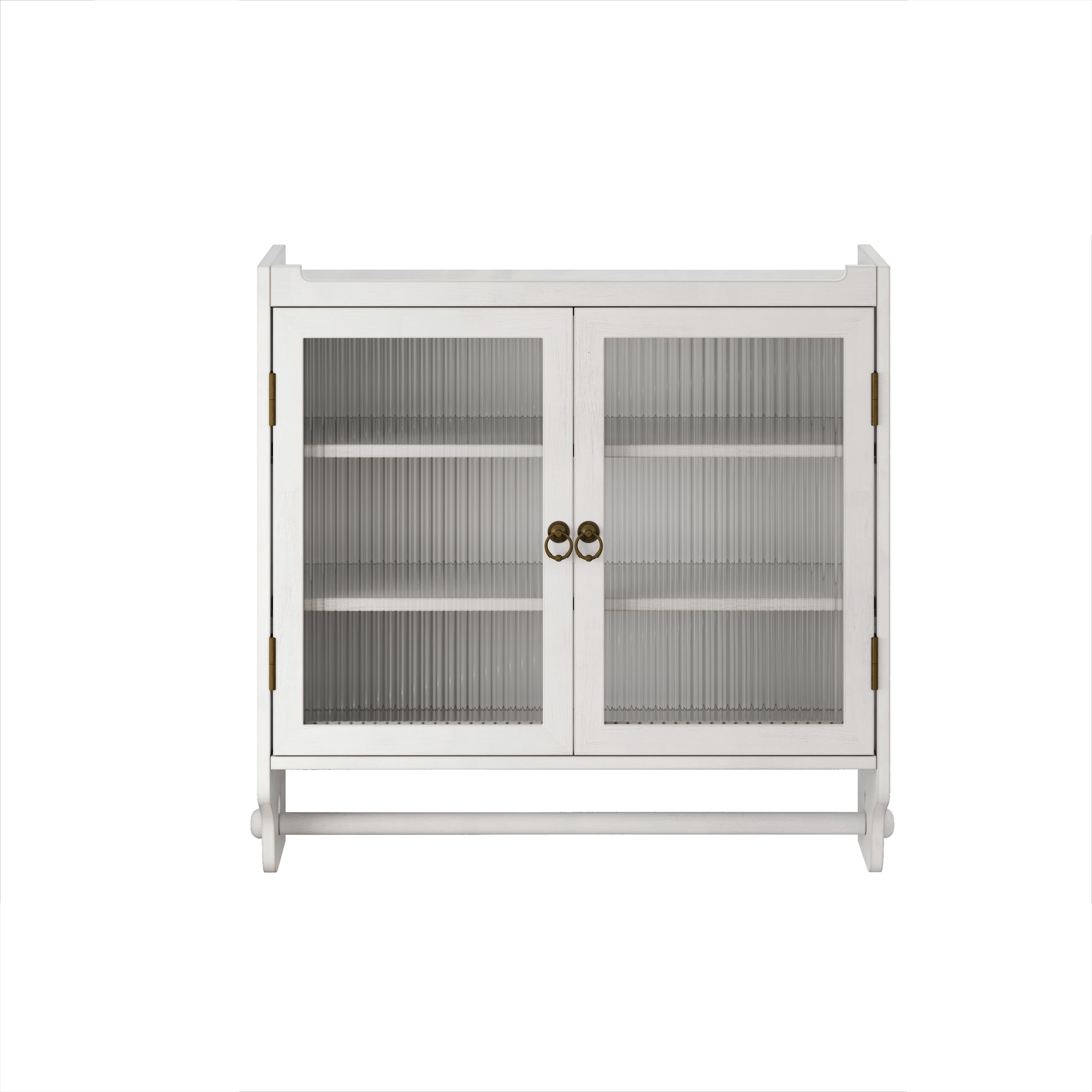 

White Washed Vintage Double Glass Door Wall Cabinet 3-Tier Storage with Towel Rack
