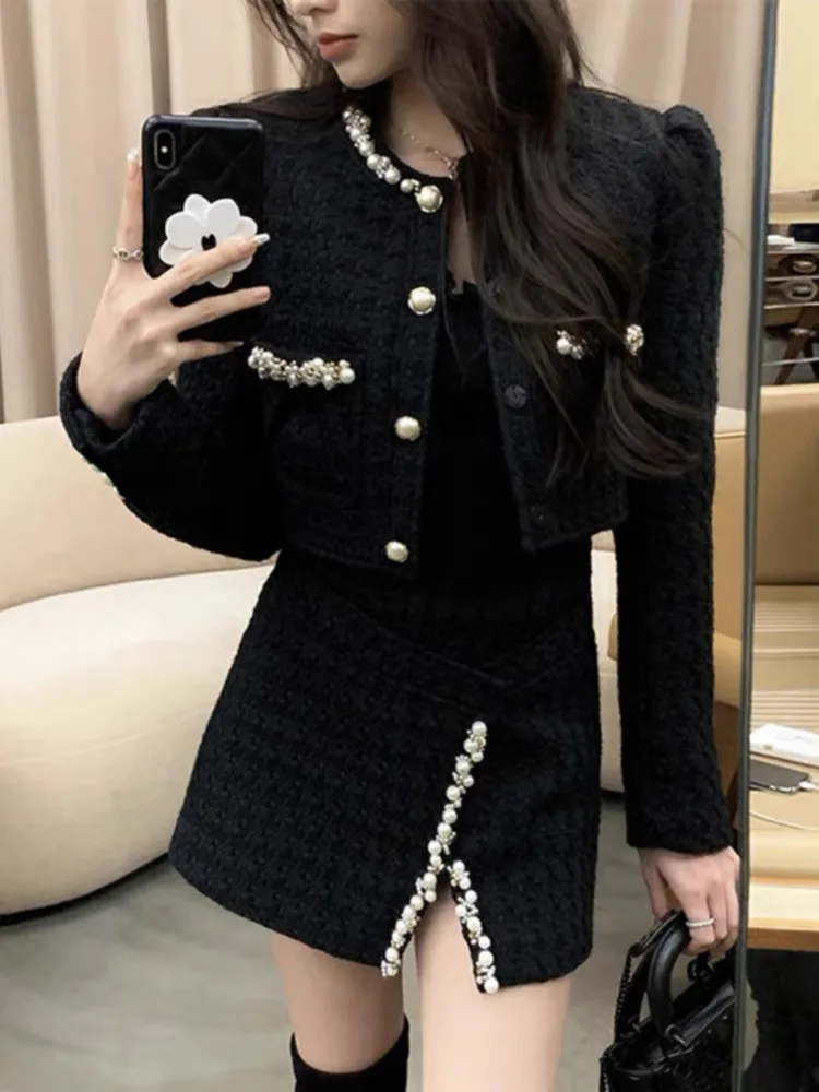 

High Street Luxury Pearls Beading Wooled Two Piece Set For Women Short Jacket Coat + Skirt Suits Small Fragrance 2 Piece Outfits