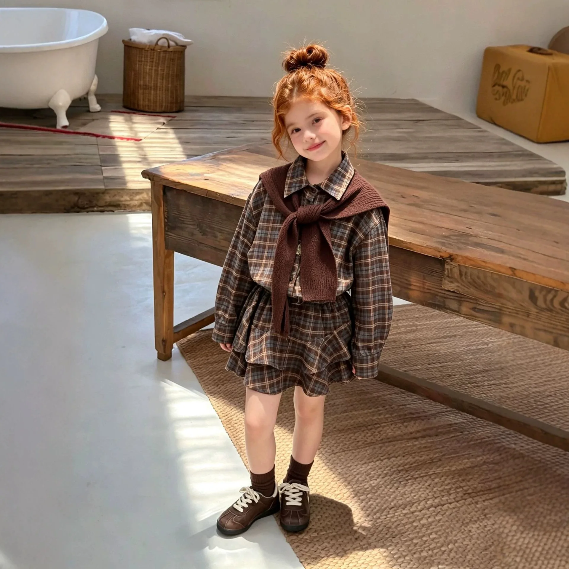 Girls' Retro British Style Patterned Dress Autumn Trendy New Korean Shawl Shirt Skirt Three Piece Set for Children
