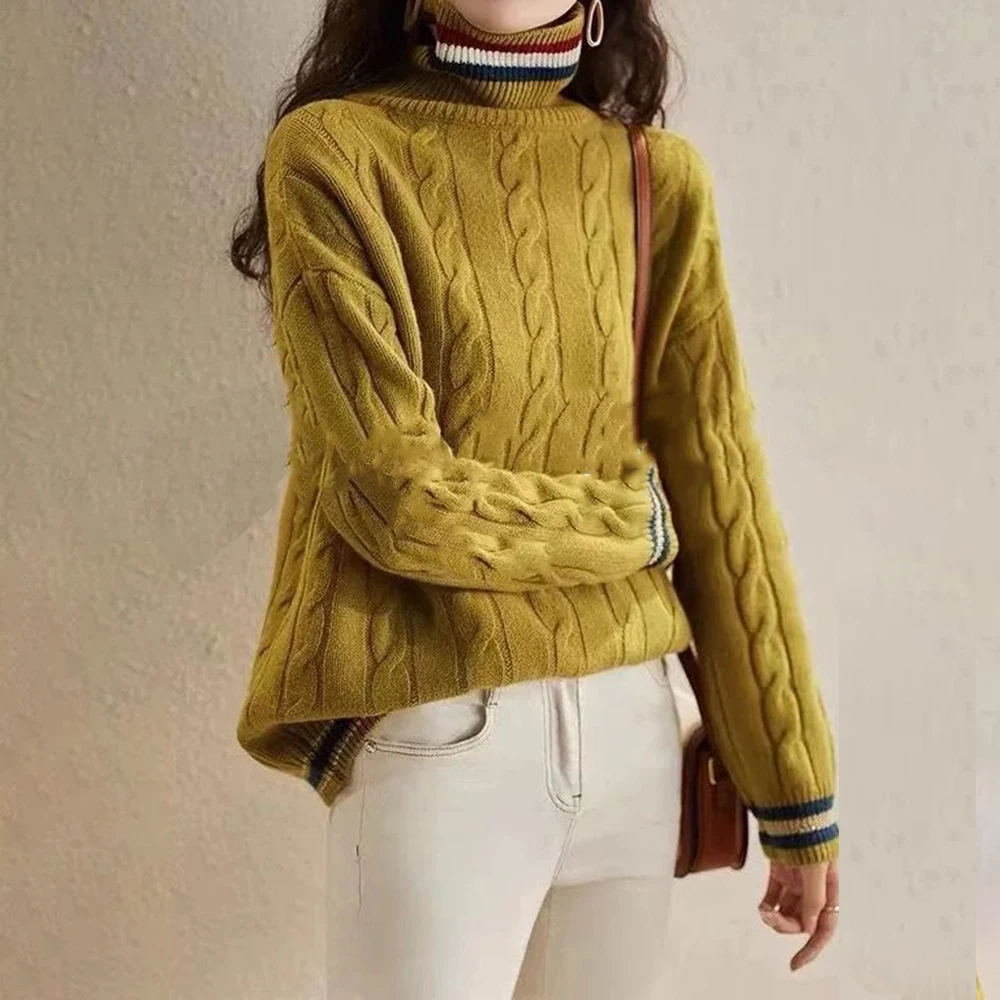 Green splicing contrasting color knitted sweater 2025  new thickened fashionable bottoming top in autumn and winter