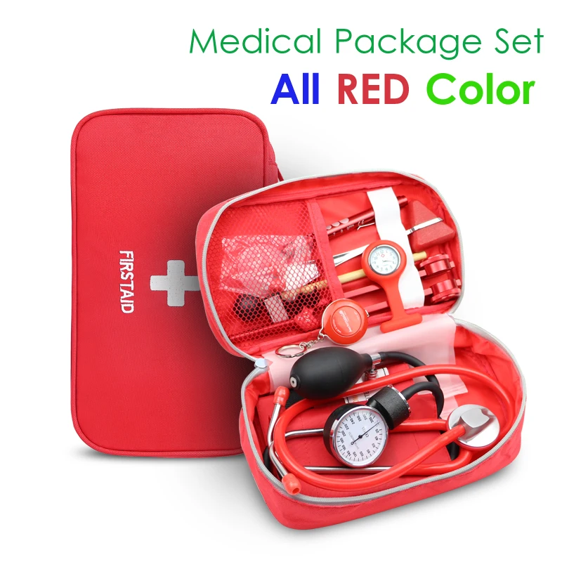 

Classic Red Medical Kit Health Bag Pouch Set with Stethoscope Manometer Tuning Fork Reflex Hammer LED First Aid Penlight Torch