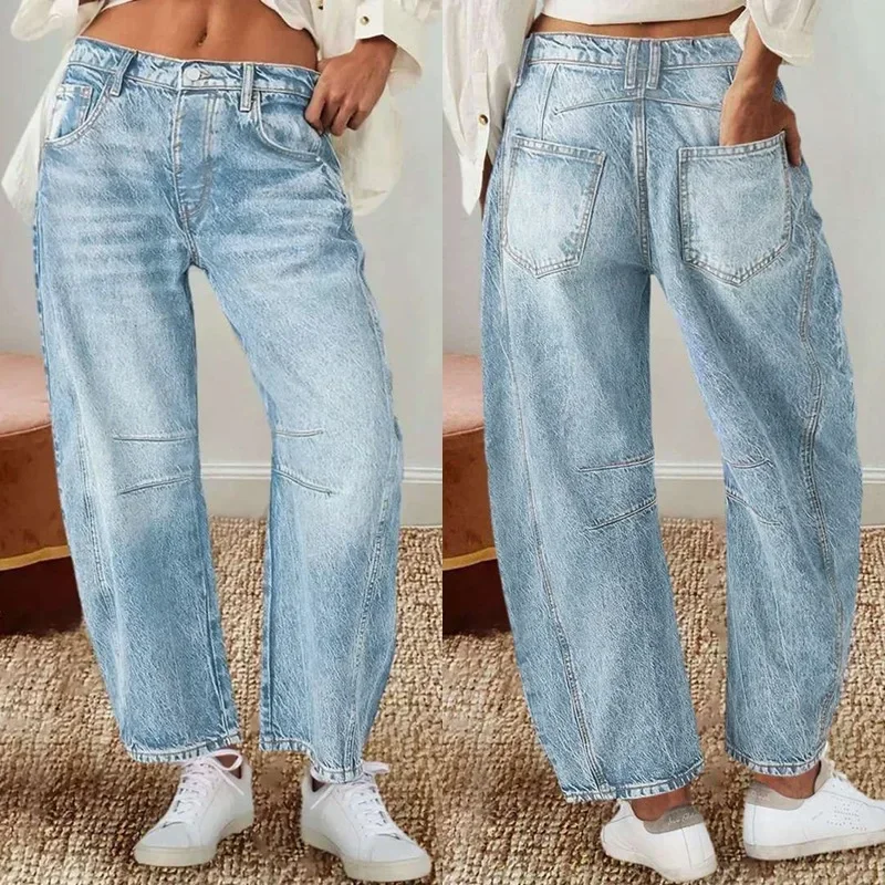 الرجعية الموز السراويل فضفاضة واسعة الساق الجينز منتصف الخصر مستقيم الساق الدنيم المرأة فضفاضة تناسب السراويل مستقيم قطع جينز غير رسمي #1