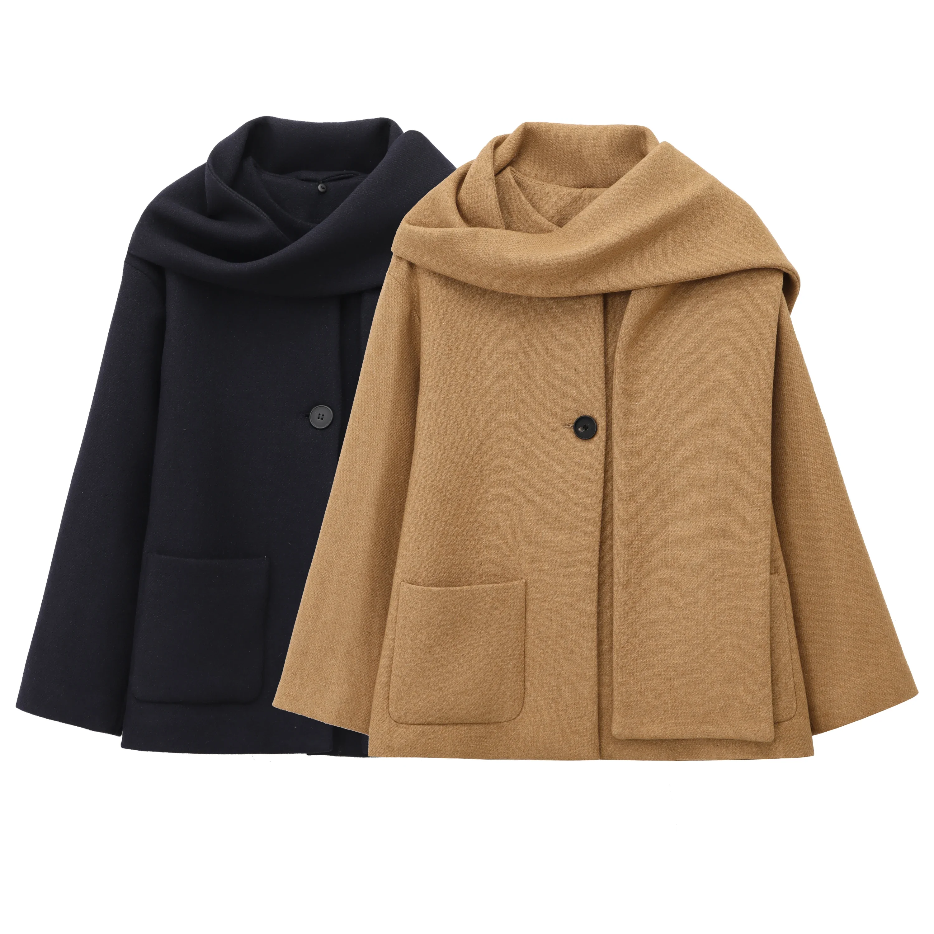 

Women Jacket With Scarf Round Neck Long Sleeves Single Pocket Loose Temperament Simple Jacket Women's Winter New Products