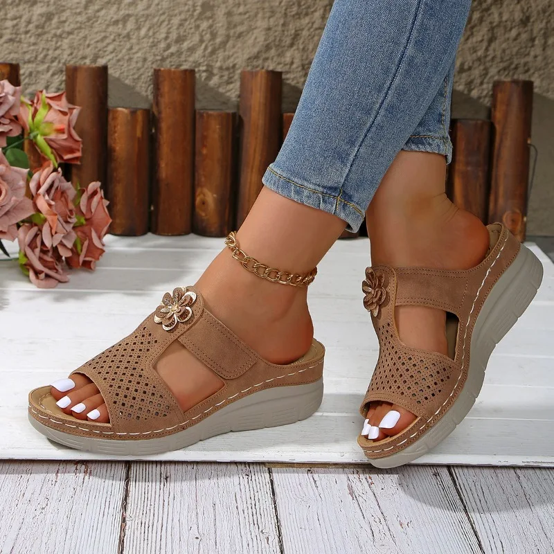 

Лето 2024, хит продаж, модная повседневная женская обувь без шнуровки с круглым носком, сандалии на наклонном каблуке, женские тапочки Женская Обувь