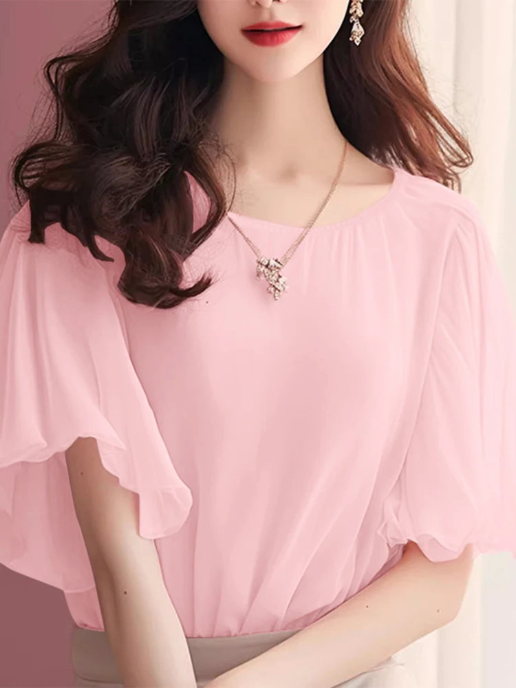 

ZANZEA Elegant Short Ruffled Sleeve Office Work Blouses 2025 Women Summer Tops Fashion Shirt Solid Color Holiday Blusas Oversize