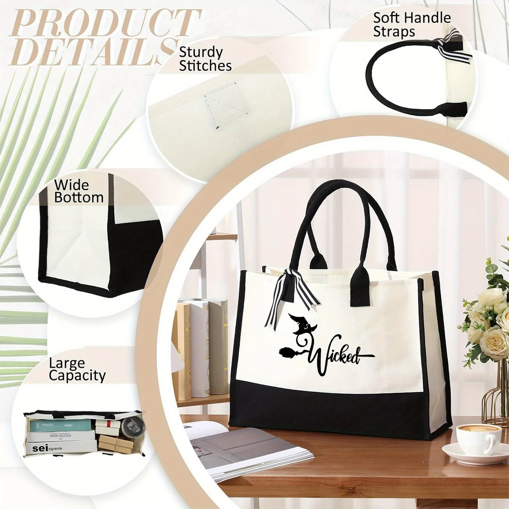 마녀 패턴 캔버스 비치 백, 컬러블록 토트백, 캐주얼 대용량 쇼핑 토트백, 선물 포장 가방, 할로윈 선물