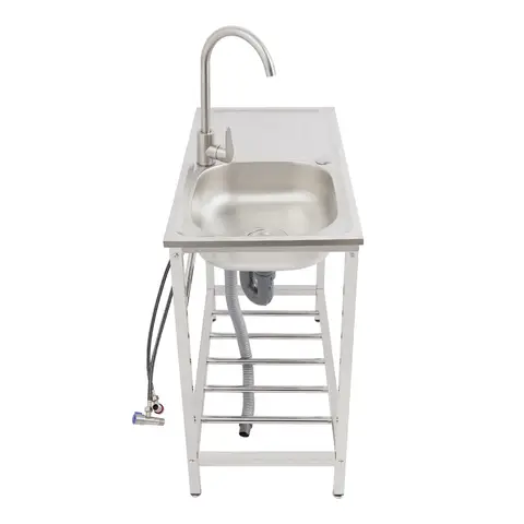 Stainless Steel Sink, Freestanding Stainless Steel Washing Sink for Outdoor Use, Mobile Sink, Freestanding Kitchen Sink with Worktop and Base Cabinet, Commercial Sink, 75 x 60 x 45 cm