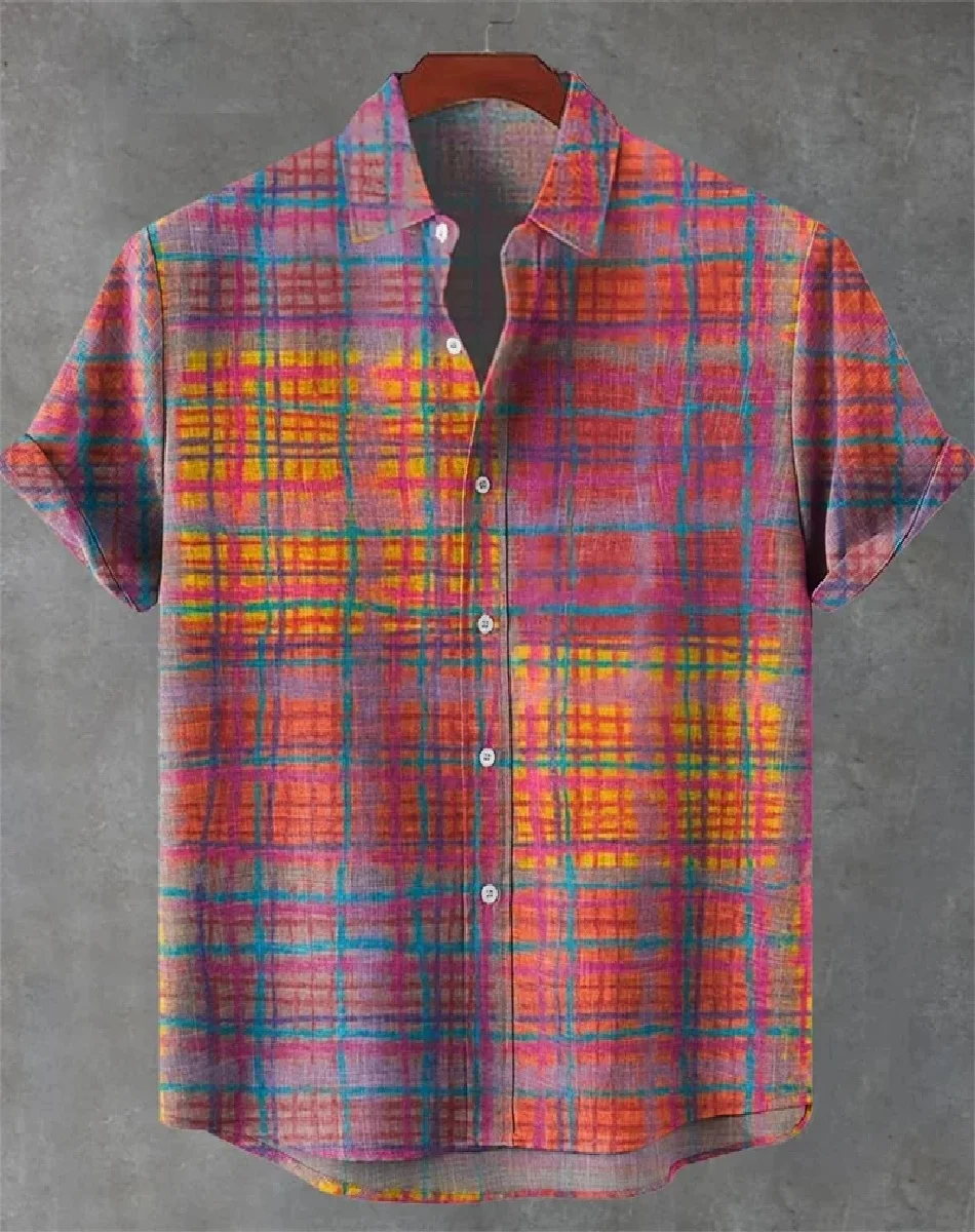 Camisa Lino Estampado Retro Pescado Manga Corta Hombre - alternate angle