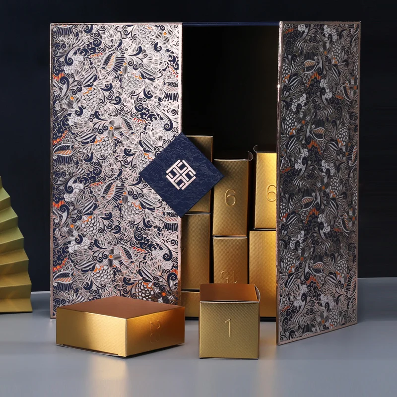 

High-end Custom logo advent calendar paper gift boxes double doors packaging box cosmetic sets foldable mystery