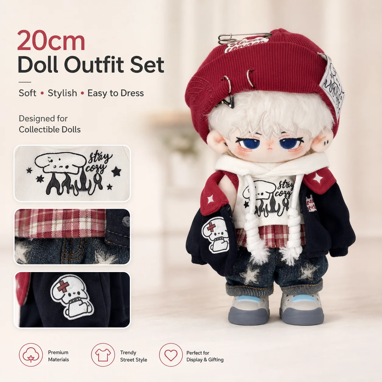 [Don't Mess with the Puppy] Ropa de Muñeca Original y Auténtica, Conjunto Retro Americano para Muñecas de Algodón de 20 cm
