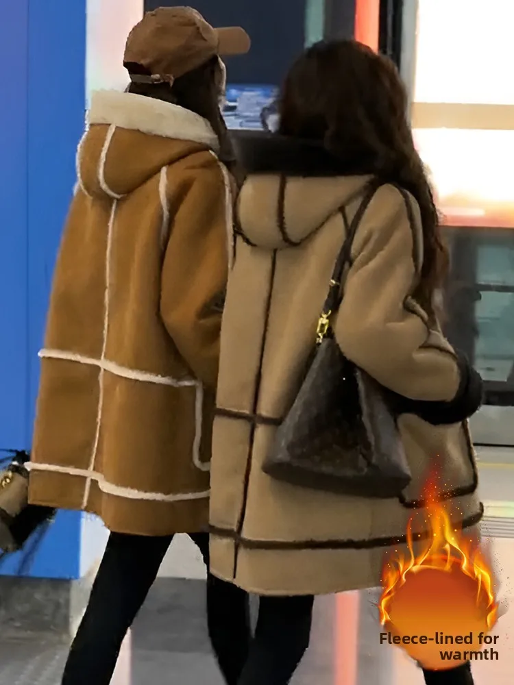 

Женское джатовое пальто из овечьего меха с капюшоном, повседневное пальто большого размера, длинное све, средней длины, на пуговицах