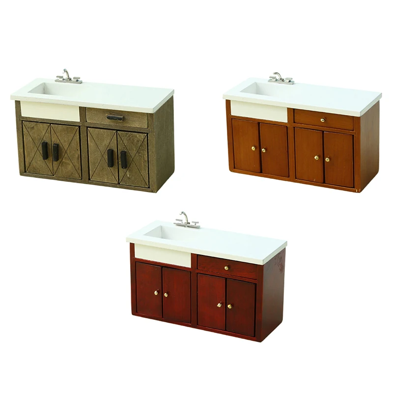 【BS】1:12 Miniaturowy szafka retro z umywalką, szufladami, meble do domku dla lalek, model do dekoracji domu, akcesoria do domku dla lalek