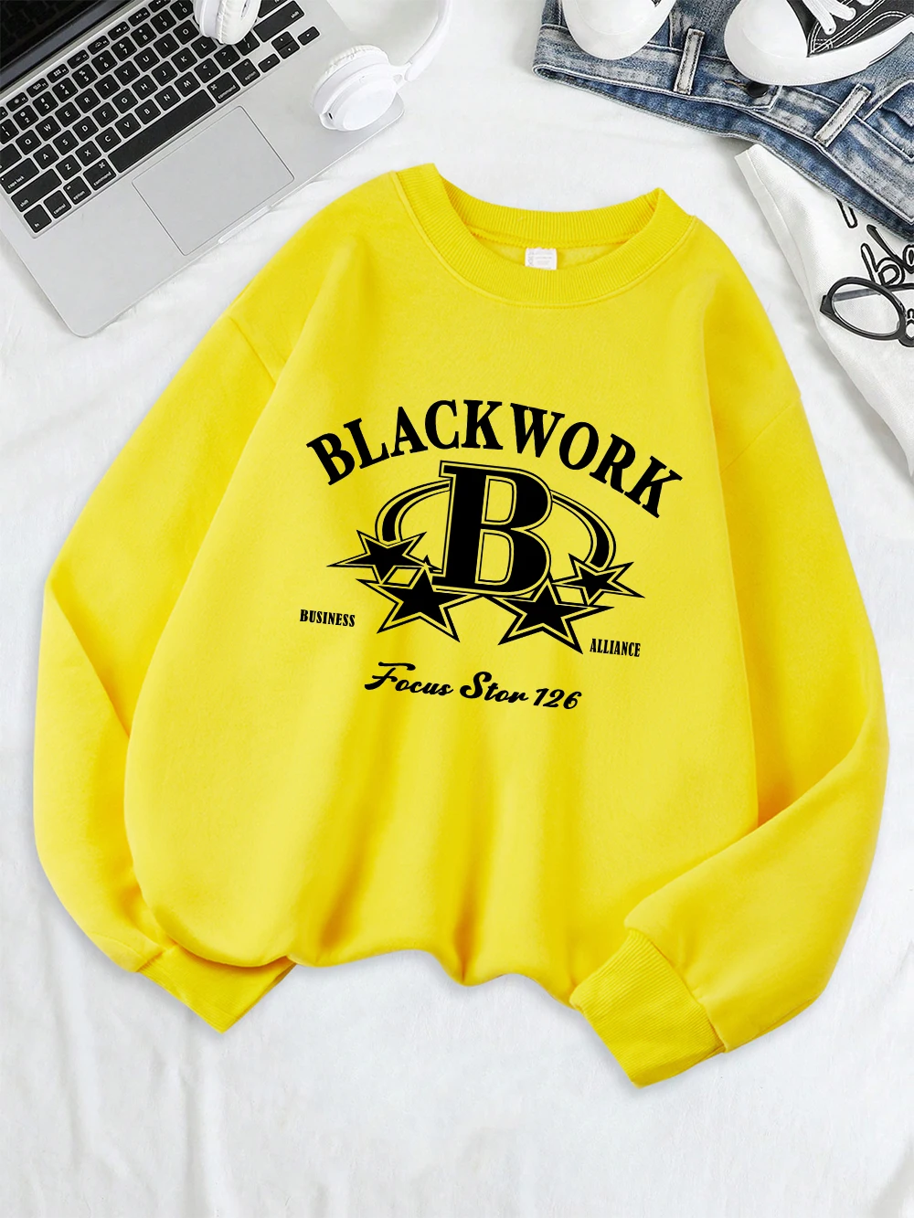 أسود العمل التركيز ستار 126 يطبع البلوز المرأة فضفاضة كل مباراة هوديي الصوف الدافئة Crewneck القمم الشتاء ملابس مريحة