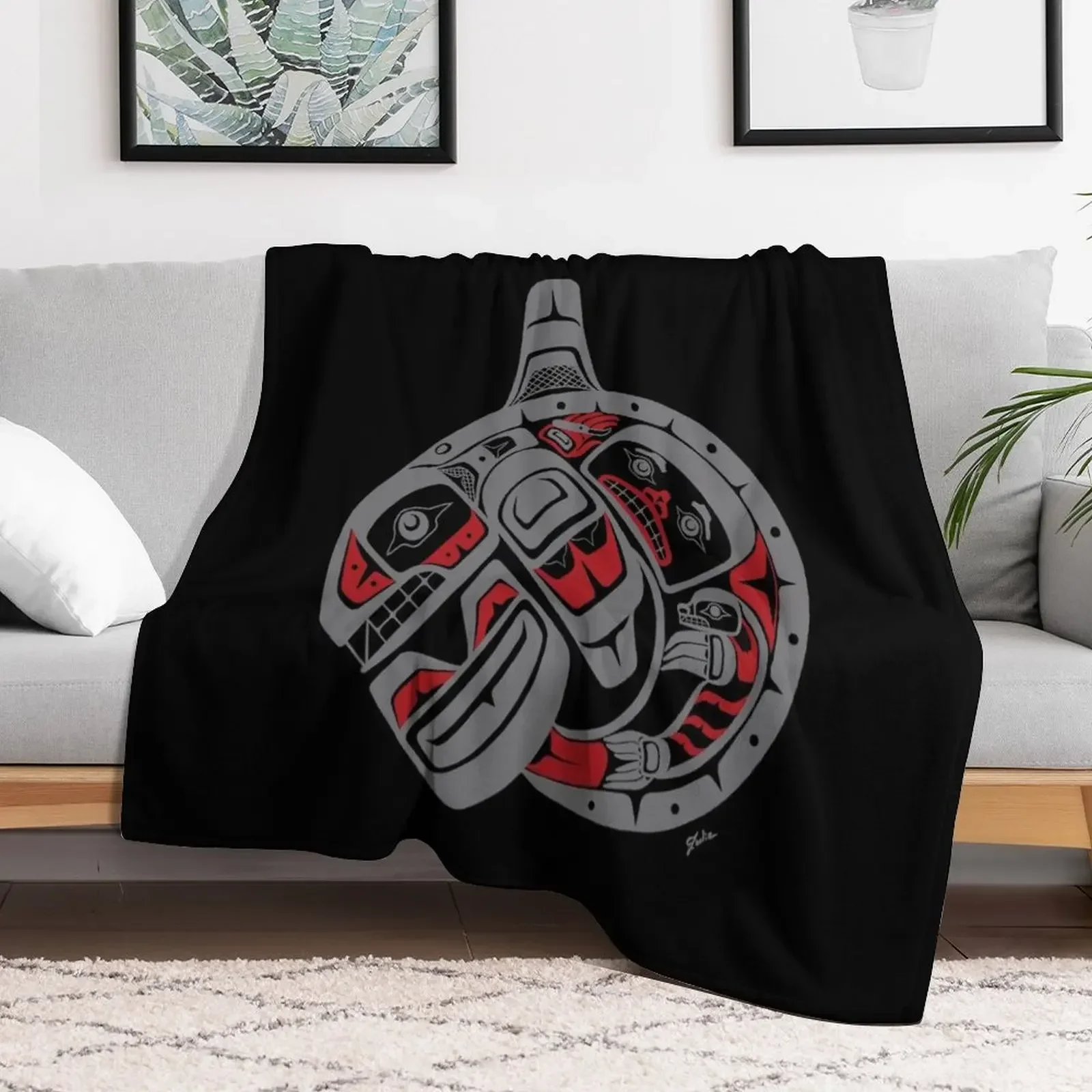 

BLACKFISH - PNW native, Tlingit style orca killer whale GRAY Throw Blanket Blankets For Bed Designers Blankets