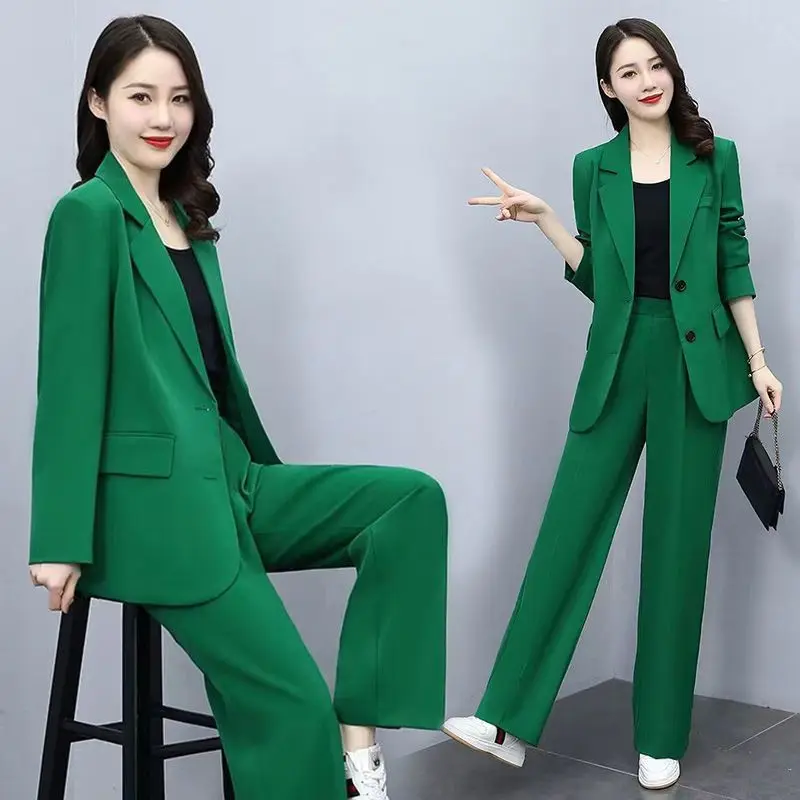 2023 Korean Popular Spring New Thin Jacket Casual Wide Leg Pants Sling 3pcs Set Elegant Women Pants Suit Office Outfits Blazer