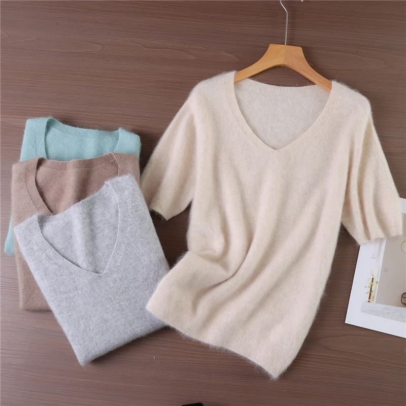 

Women's 100% Mink Cashmere V-neck Short-Sleeve Pullover High-Quality Autumn Winter Clothing Soft Warm Casual Knit Top