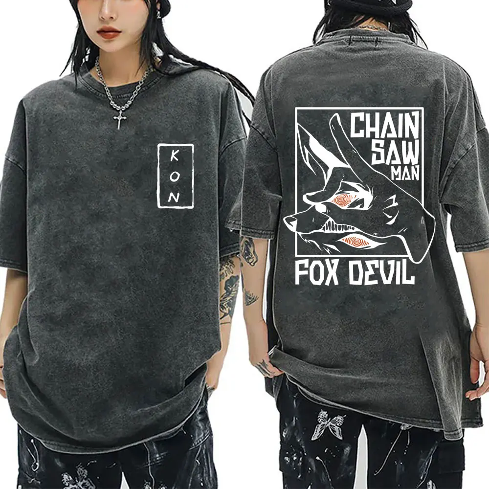 

Anime Chainsaw Man Washed Vintage Tshirt Hayakawa Aki Summon Kon Fox Devil Merch T Shirt Men Women Manga Fashion Funny T-shirt
