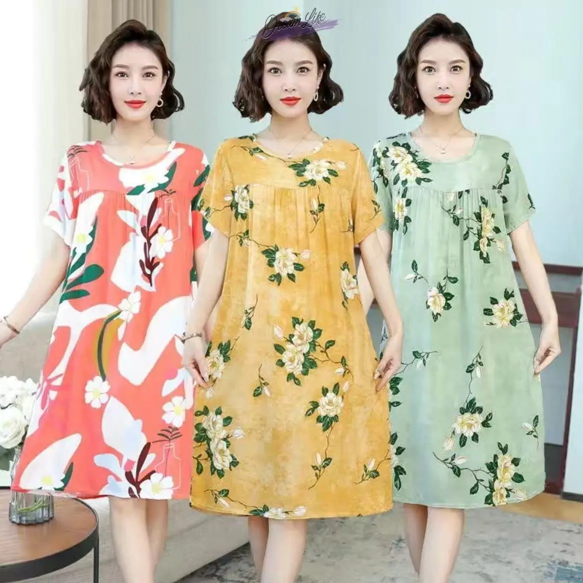 

plus Size Cotton Silk Spwear Women's Dr Mom's Nightgown Summer Lightweight round Ne Pure Cotton Gown for Middle-Aged ...