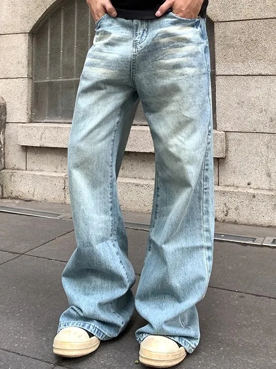 Amerikaanse retro vervaagde ijsblauwe uitlopende afslankjeans losse rechte high street broek voor heren jeugd casual jeans met rechte pijpen