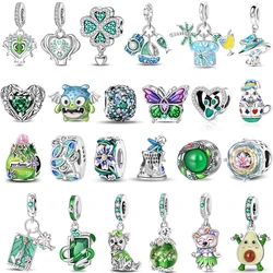 Cute 925 Sterling Silver Spinnable Four Leaf Clover & Butterfly & Swallow Dangle Charm Fits Women Necklace Pendant Birthday Gift