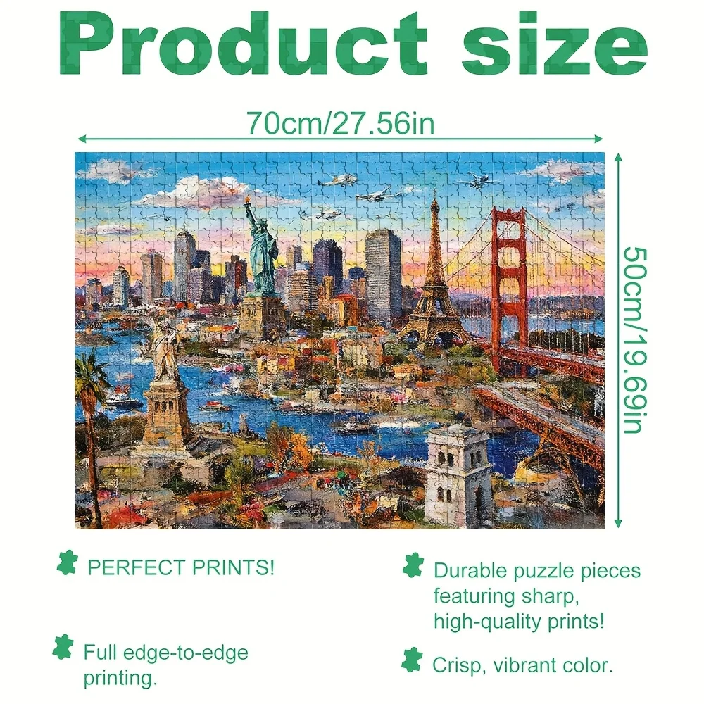 จิ๊กซอว์ภาพทิวทัศน์เมือง 1000 ชิ้น ซานฟรานซิสโก ปารีส นิวยอร์ก - สะพานโกลเด้นเกต อนุสาวรีย์เทพีเสรีภาพ และหอไอเฟล จิ๊กซอว์แผนที่ขนาดใหญ่