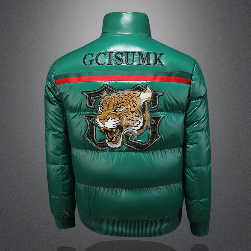 

iny Surface Men's down Jaet Thiened Stand Collar Tiger Embroidery Faionable Winter Coat Warm Polyester Fiber Jaet