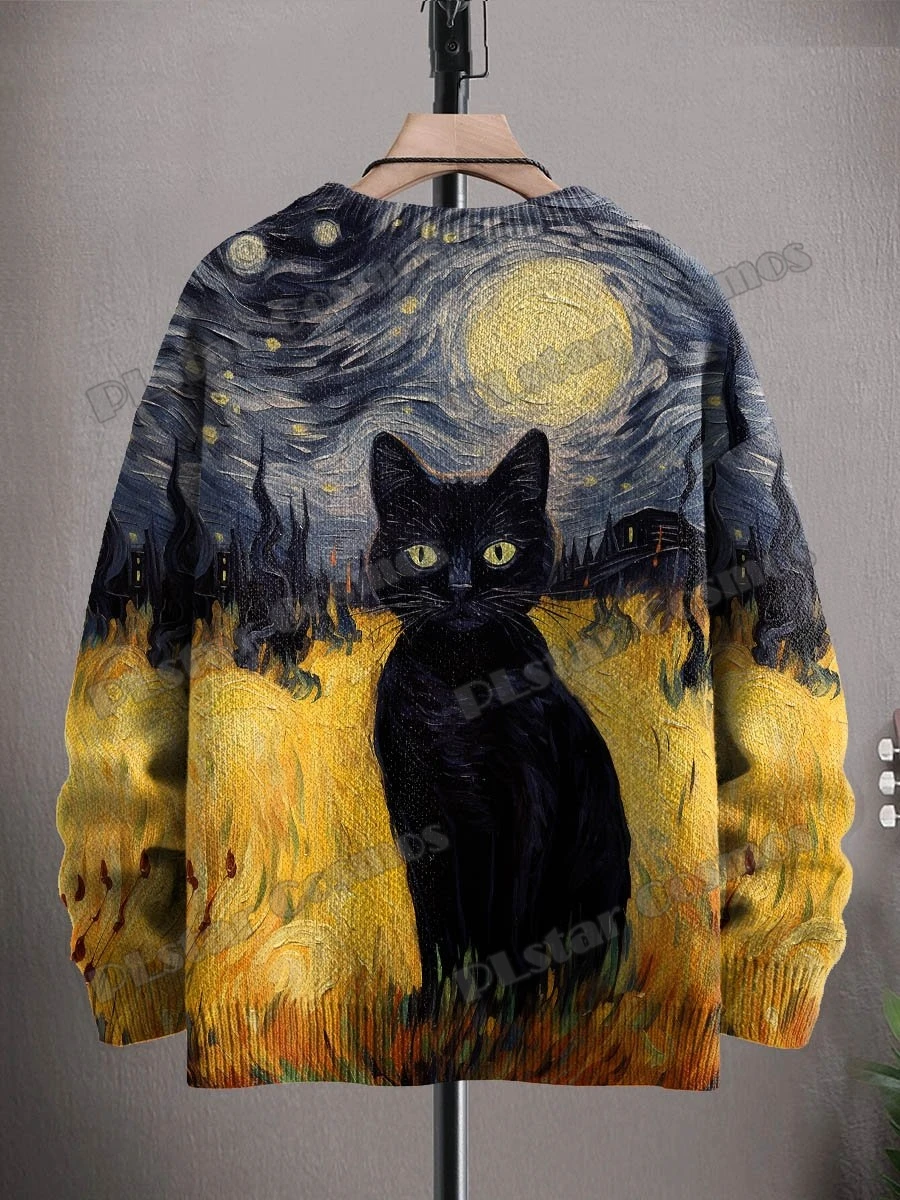 Halloween Black Cat Retro Art Pattern 3D Printed Men's Knitted Pullover Winter Unisex Casual Knit Pullover Sweater ZZM135