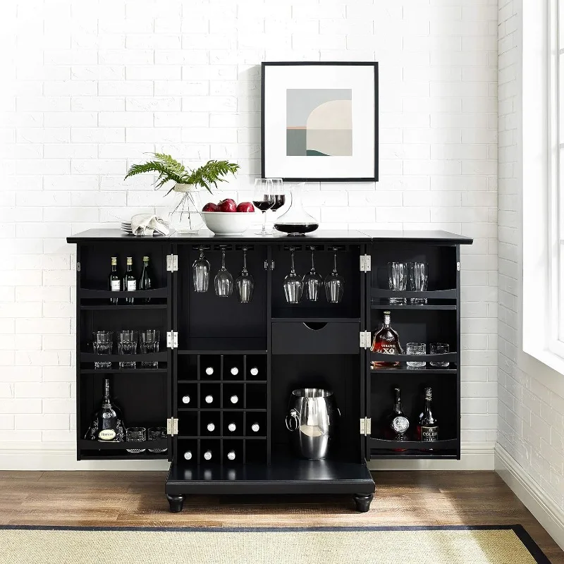 Crosley Furniture Cambridge Expandable Bar Cabinet with Storage Shelves, Drawer, and Wine Rack, Black