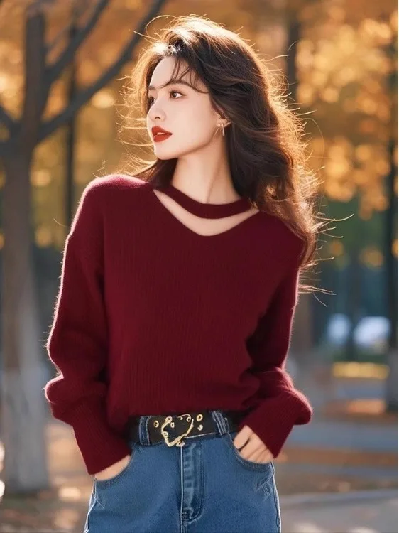 

Осенне-зимний уникальный ажурный длинный вязаный свитер для женщин, красный, красивый, повседневный, с круглым вырезом