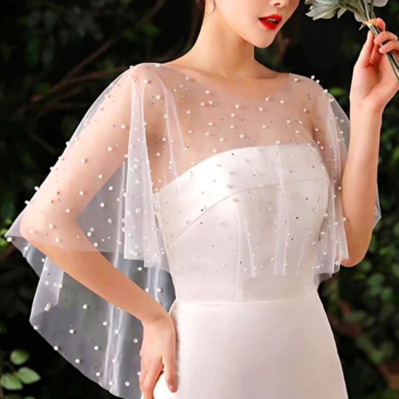 Women Elegant Wedding Shawl Rhinestone Pearls Beaded Sheer Tulle Cover Up Bridal Wrap Soft Women