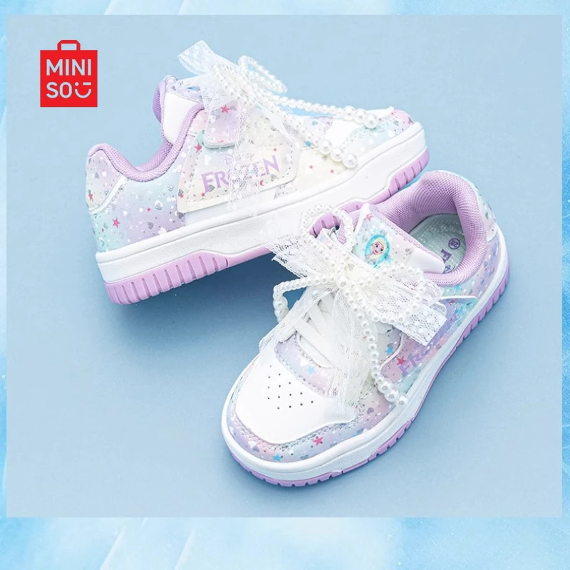 

Miniso 2025 Disney Elsa Girls Shoes, водонепроницаемые кожаные кроссовки на платформе с жемчужным бантом для детей