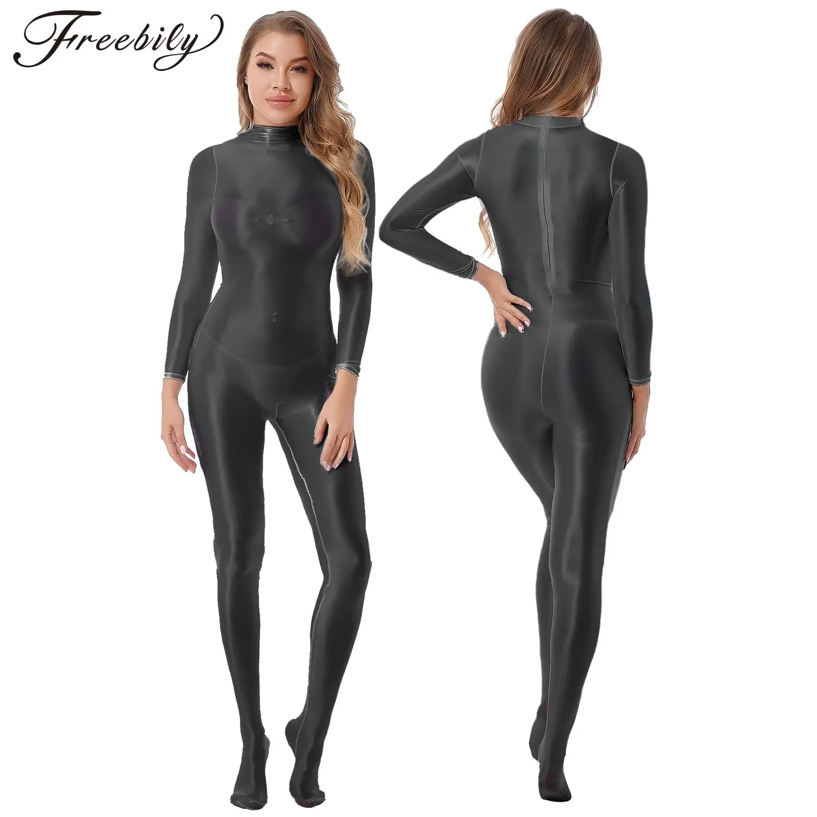 Womens Long Sleeve Zipper Bodystocking Glossy Jumpsuit Club Pole Dance Bodysuit Surfing Swimwear Wetsuit Fitness Yoga Sportwear