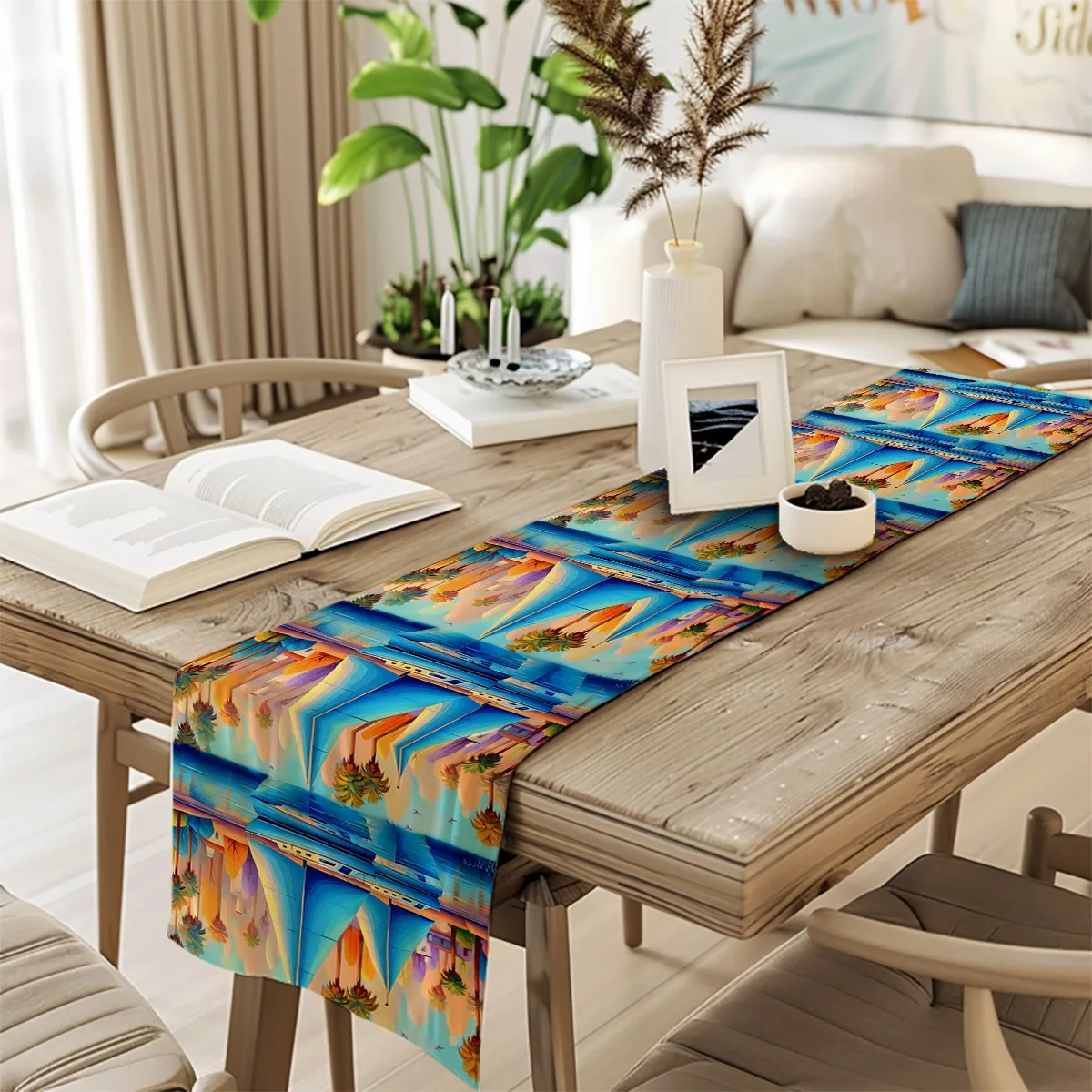 bedruckter Tischläufer, Palme und Yacht, Tischfahne im Küstenstil für Küche, Esszimmer, Gartenpartys im Freien, Polyester