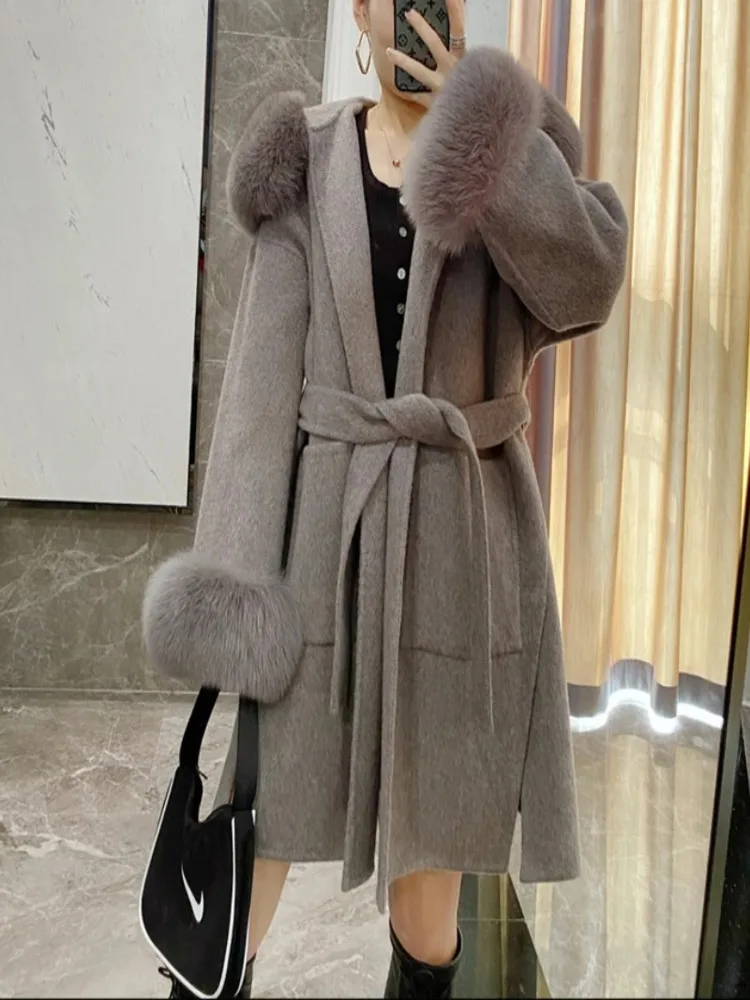 Belt Double-sided Cashmere Coat Fashion Korean Fox Fur Collar Jacket Warm Wool Trench Mid-length Woolen Zm1167