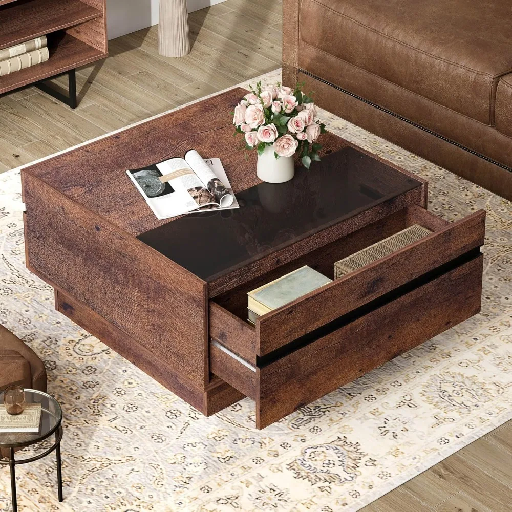 Coffee Table, Modern Coffee Table, Square Living Room Coffee Table with Tempered Glass Top and Two Large Storage Drawers