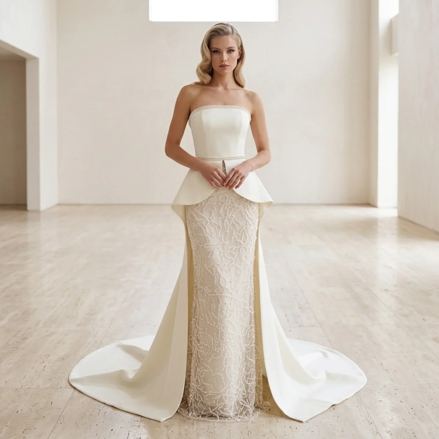 

Customized Elegant Lace Pearl Appliques Straight Evening Party Dresses Strapless Sweep Trail Formal Occasion Prom Gowns