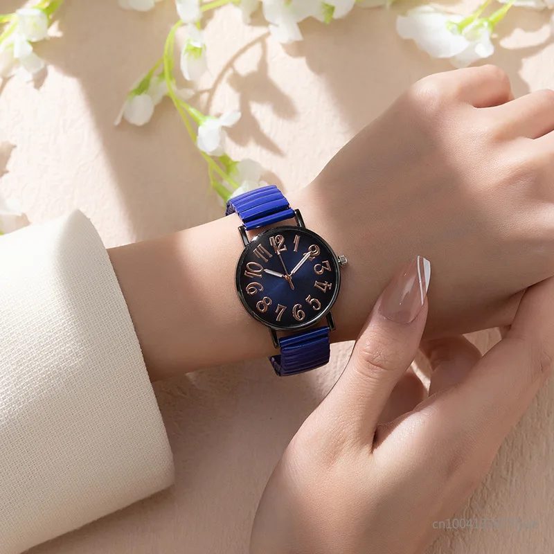 Luxury Simple Digital Blue Ladies Quartz Watch Fashion 2024 New Brand Stretch Stainless Steel No Buckle Women Clock Watches