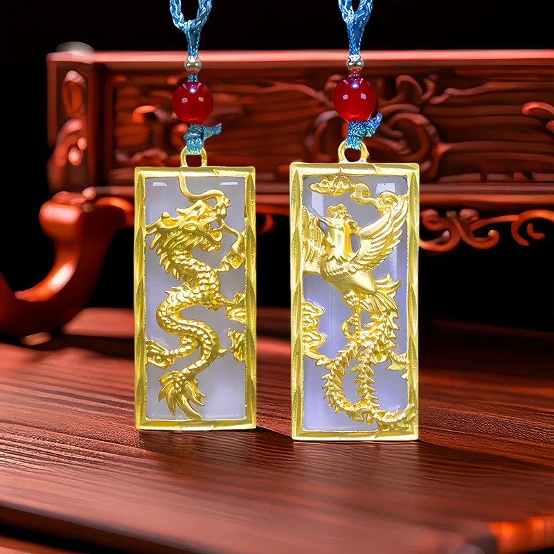 White Real Jade Dragon Phoenix Pendant Necklace Chain Charm Luxury 18K Gold Plated Gemstone Energy Vintage Designer Gift Man