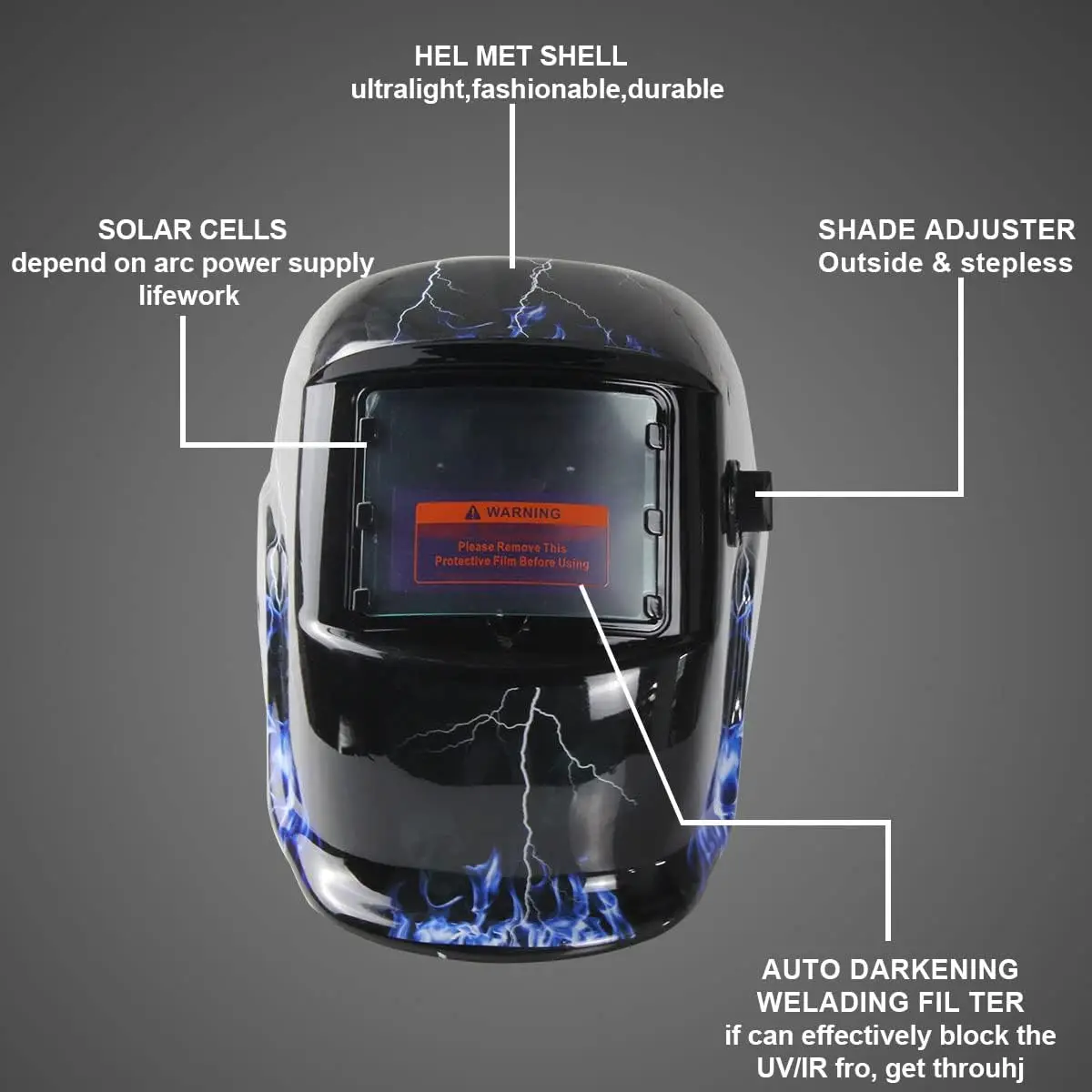 Welding Helmet, Solar Power Auto Darkening Welding Helmet, Adjustable Shade Range 4/9-13 for Mig Tig Arc Welder Mask