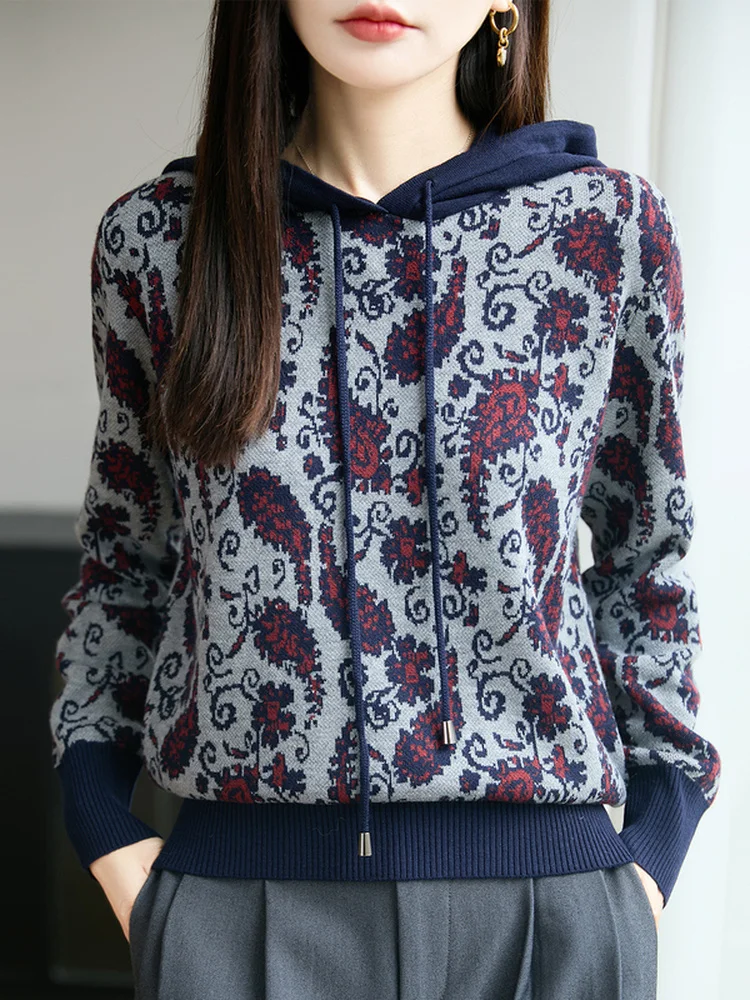 

Women's Hooded Knitted Sweater Winter Warm Contrast Color Blo Loose Slimming Versatile Long Sve Crew Ne Pullover Top