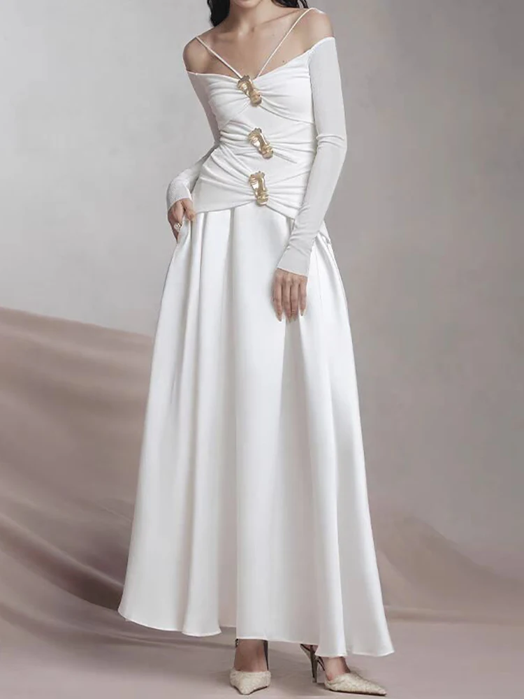 

Women's Elegant Evening Dress Slash Neck Off Shoulder Sleeve Spliced Button Temperament Dress Female Fashion Style For Women