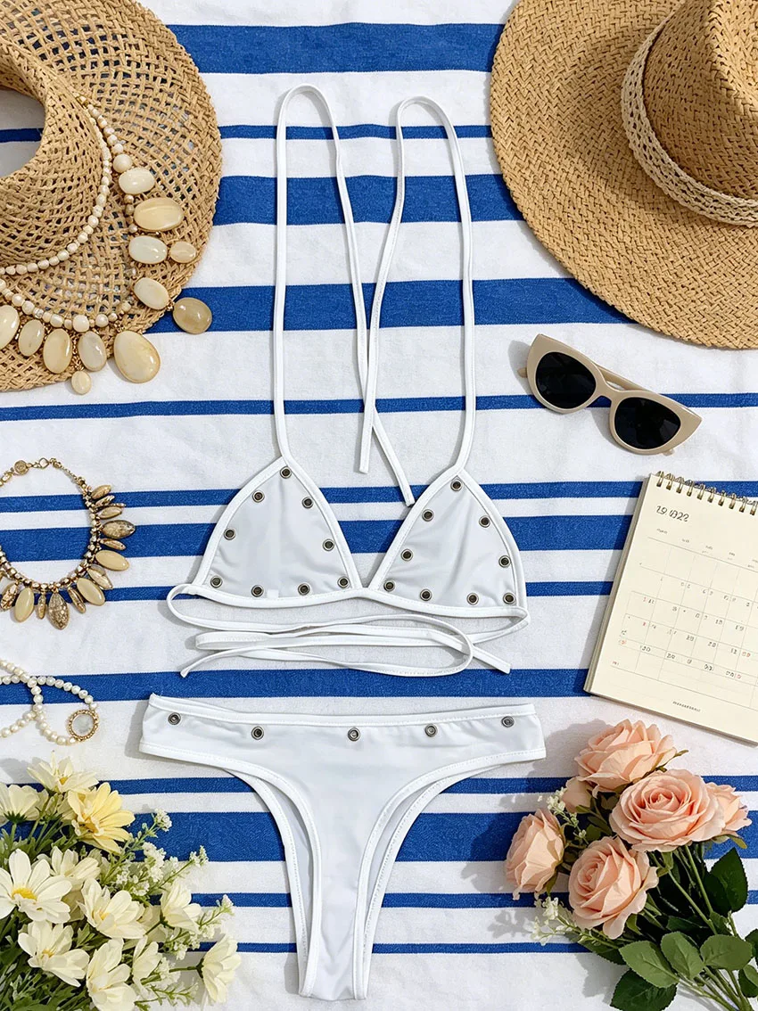 Y2K Women White Halter Bikini Set Metal Eyelet Trim Triangle Top & Trendy Low Waist Bottom Tie Back Two-Piece Swimwear Beachwear