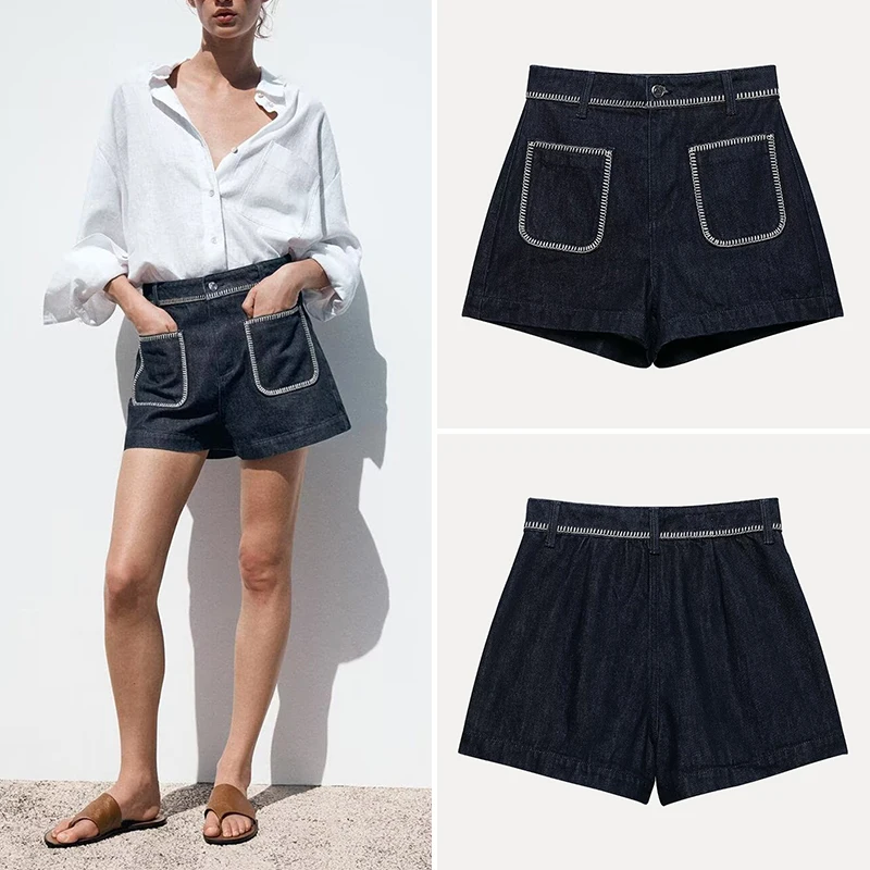 

Simple Embroidered Denim orts High Waist Wide Leg Pants Summer New Arrival Women's Clothing Z Brand