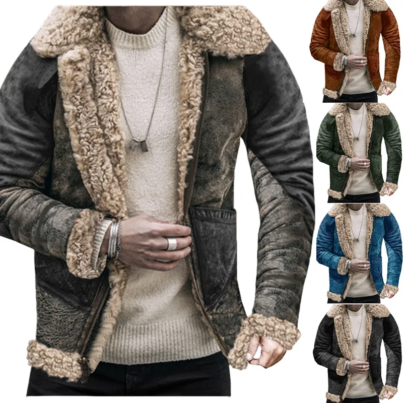 

2024 Winter Clothing Men's Vintage Thickened Fleece Jacket Casual Turn Down Collar Zipper Solid Color Overcoat High Street Coat