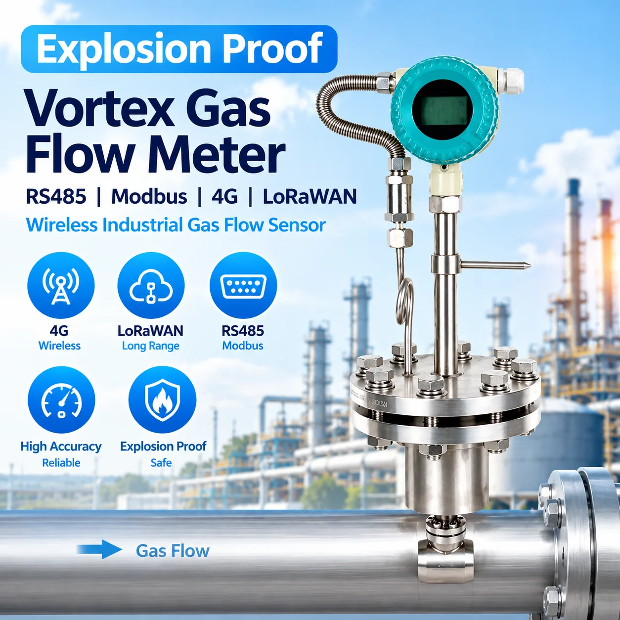Explosion Proof Vortex Gas Flow Meter RS485 4G LoRaWAN Wireless Industrial Gas Flow Sensor
